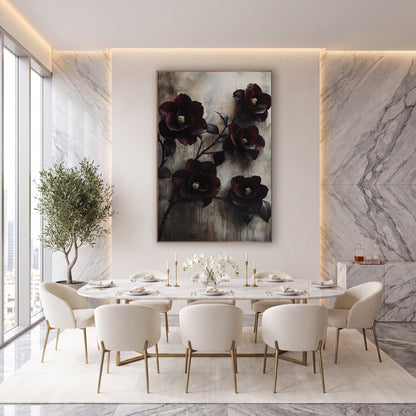 Burgundy Camellias Weathered Wall Moody wall art in an elegant modern room – five deep burgundy camellia blooms