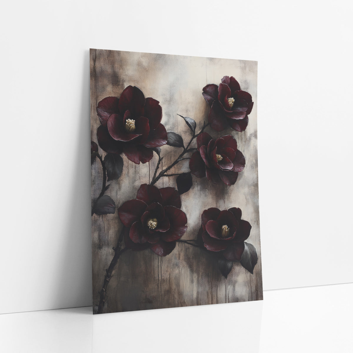 Burgundy Camellias Weathered Wall Moody art print leaning against a white wall – five deep burgundy camellia blooms on a dark