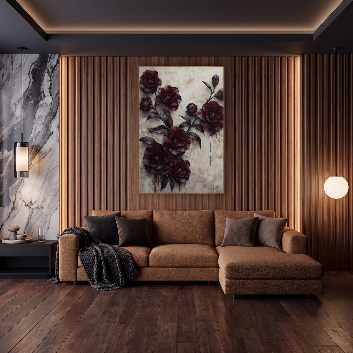Burgundy Camellia Buds Dripping Plaster wall art in an elegant modern room – branch of deep burgundy camellia flowers