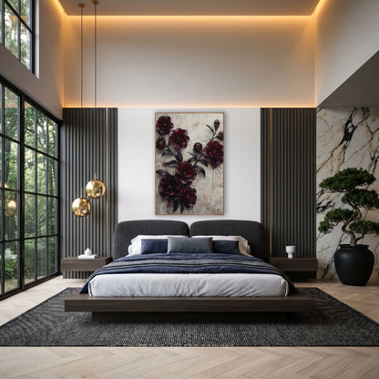 Burgundy Camellia Buds Dripping Plaster wall art in an elegant modern room – branch of deep burgundy camellia flowers