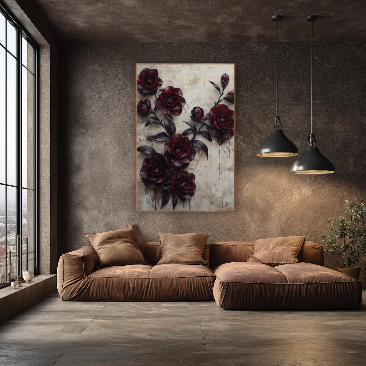 Burgundy Camellia Buds Dripping Plaster wall art in an elegant modern room – branch of deep burgundy camellia flowers