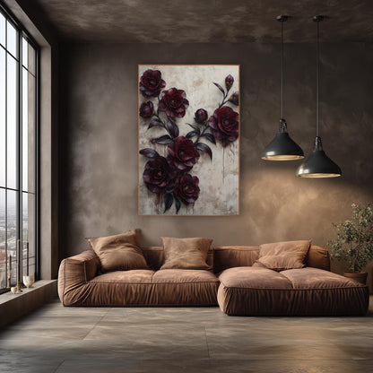 Burgundy Camellia Buds Dripping Plaster wall art in an elegant modern room – branch of deep burgundy camellia flowers