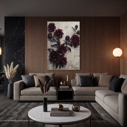 Burgundy Camellia Buds Dripping Plaster wall art in an elegant modern room – branch of deep burgundy camellia flowers