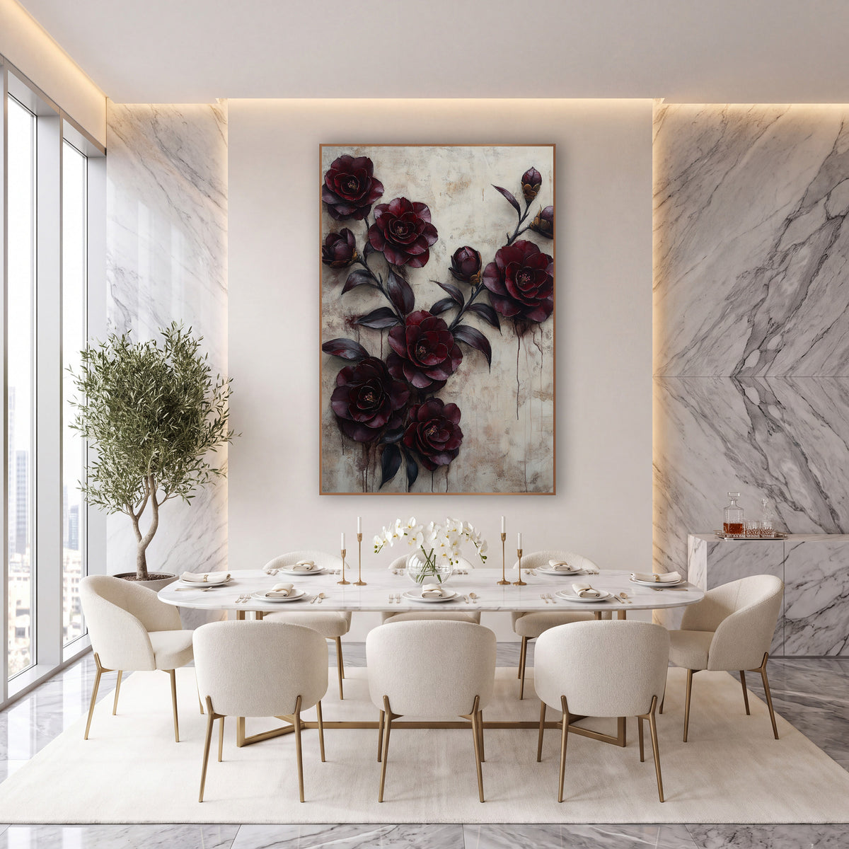 Burgundy Camellia Buds Dripping Plaster wall art in an elegant modern room – branch of deep burgundy camellia flowers