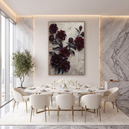 Burgundy Camellia Buds Dripping Plaster wall art in an elegant modern room – branch of deep burgundy camellia flowers