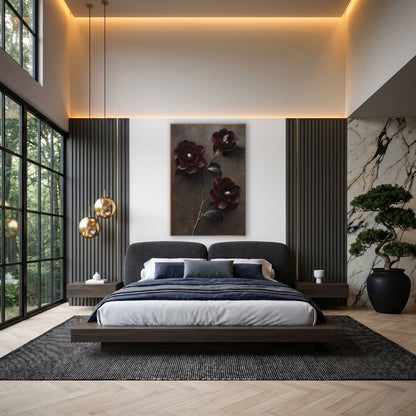 Burgundy Camellia Trio Bronze Backdrop wall art in an elegant modern room – three dark burgundy camellia flowers
