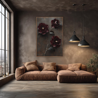 Burgundy Camellia Trio Bronze Backdrop wall art in an elegant modern room – three dark burgundy camellia flowers