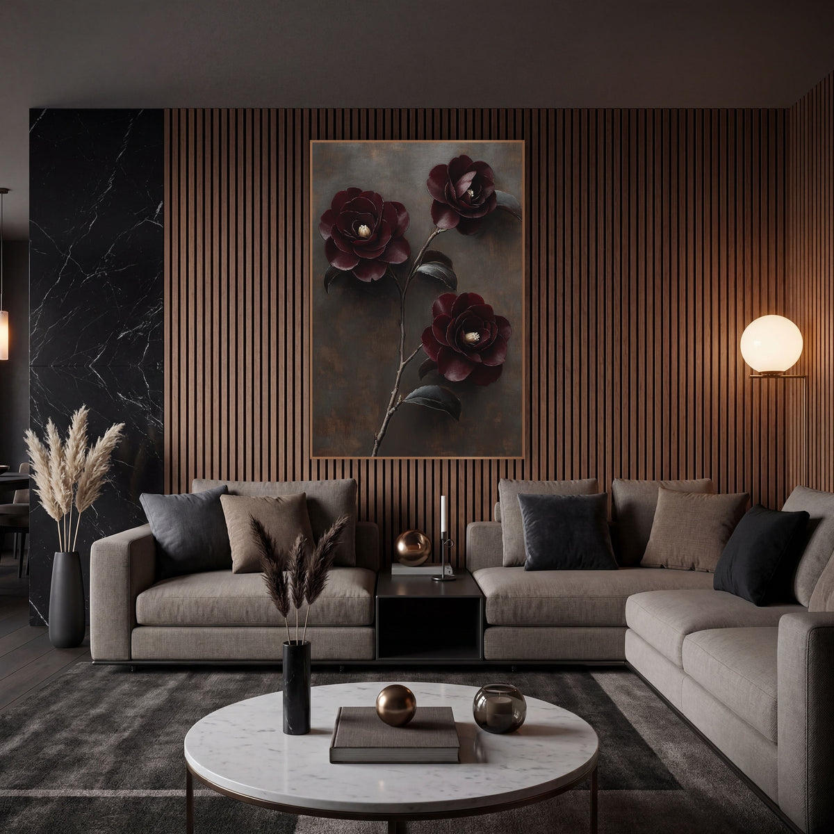 Burgundy Camellia Trio Bronze Backdrop wall art in an elegant modern room – three dark burgundy camellia flowers
