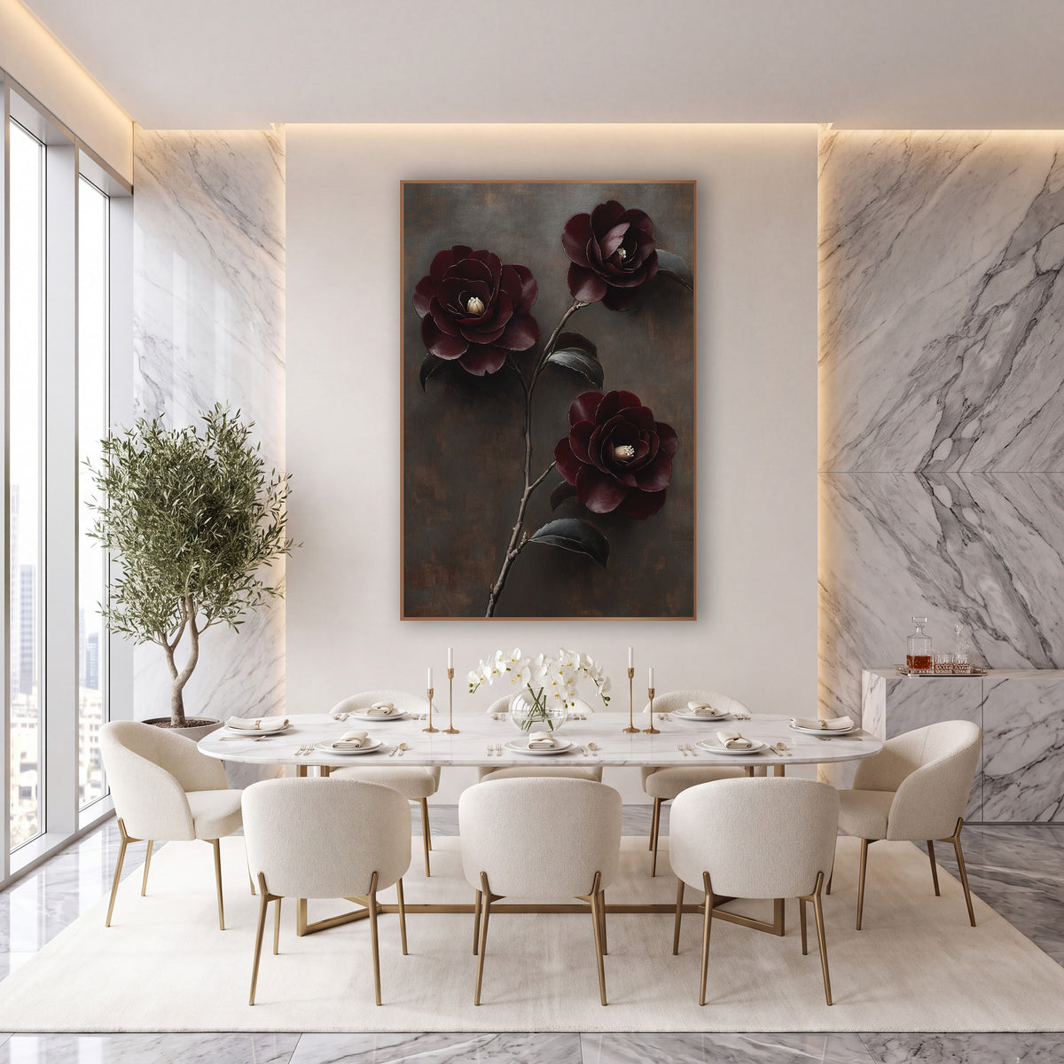 Burgundy Camellia Trio Bronze Backdrop wall art in an elegant modern room – three dark burgundy camellia flowers