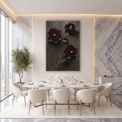 Burgundy Camellia Trio Bronze Backdrop wall art in an elegant modern room – three dark burgundy camellia flowers