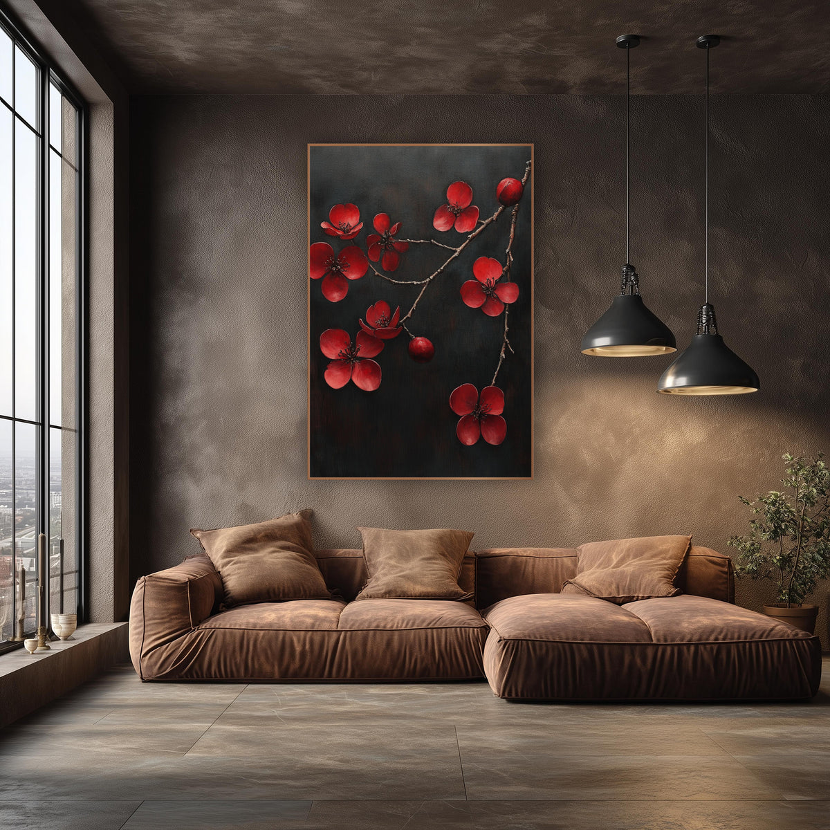 Scattered Crimson Quince Branch Charcoal Painterly wall art in an elegant modern room – red blossoms and two round