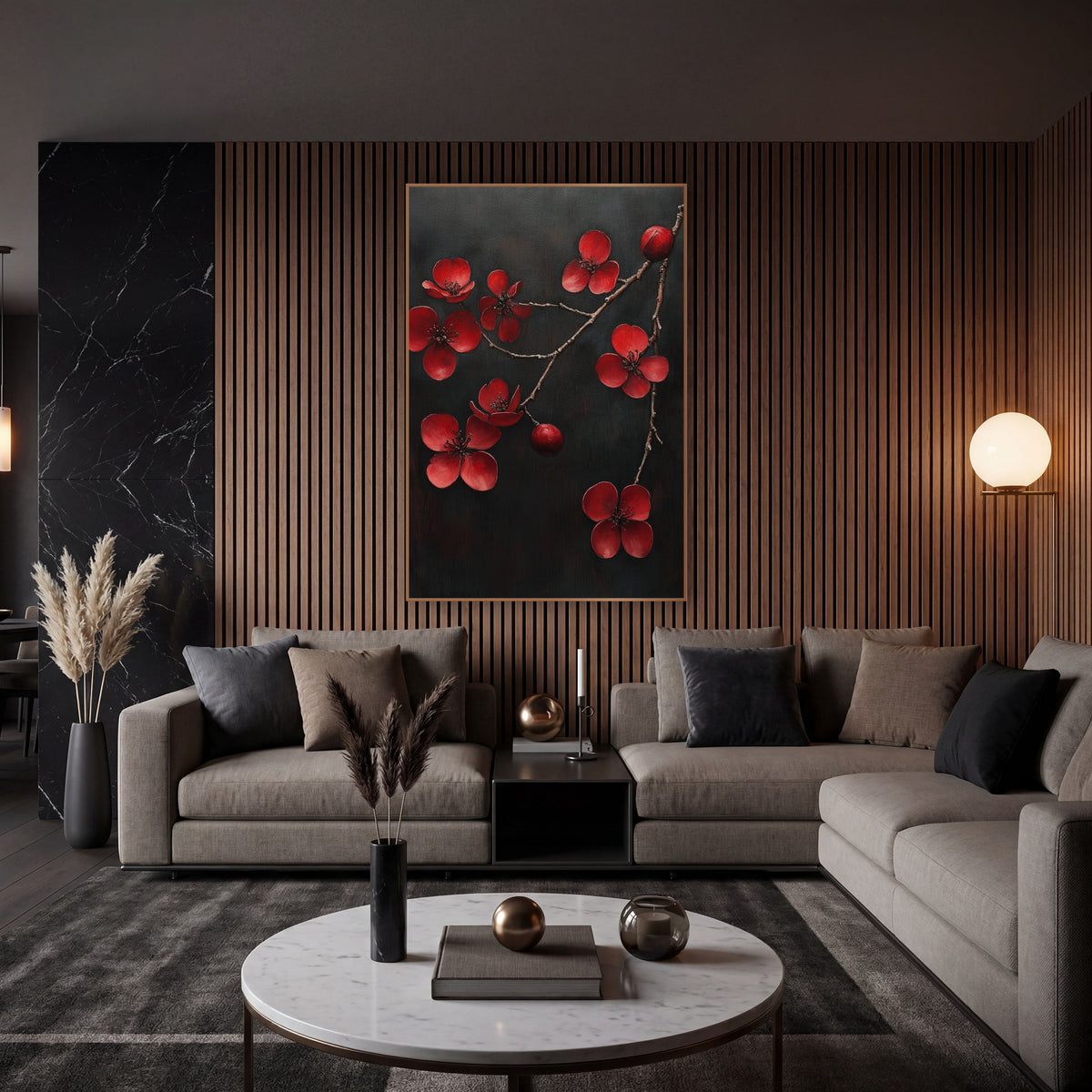 Scattered Crimson Quince Branch Charcoal Painterly wall art in an elegant modern room – red blossoms and two round