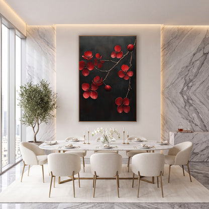 Scattered Crimson Quince Branch Charcoal Painterly wall art in an elegant modern room – red blossoms and two round