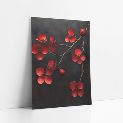 Scattered Crimson Quince Branch Charcoal Painterly art print leaning against a white wall – red blossoms and two round buds