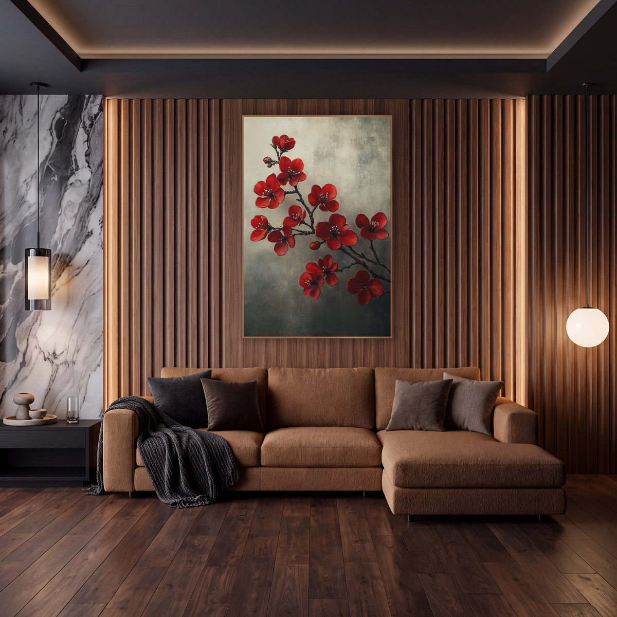 Smoky Quince Spray Cream Gray Vintage wall art in an elegant modern room – red quince blossoms with pale stamens