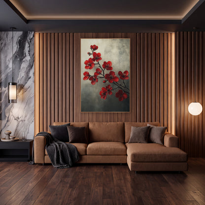 Smoky Quince Spray Cream Gray Vintage wall art in an elegant modern room – red quince blossoms with pale stamens