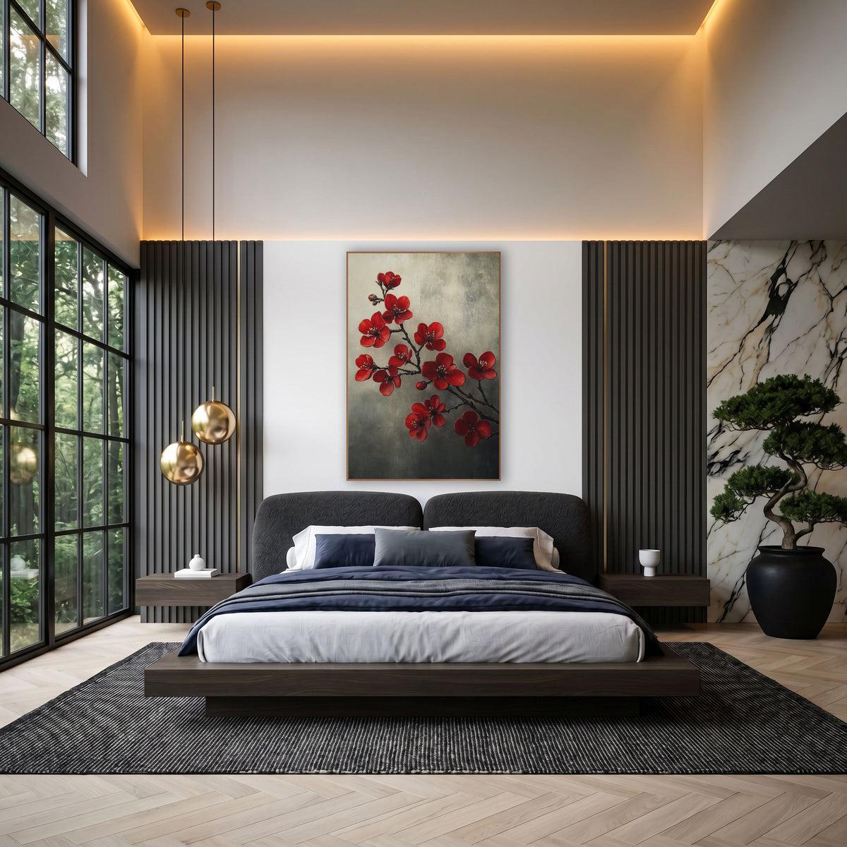 Smoky Quince Spray Cream Gray Vintage wall art in an elegant modern room – red quince blossoms with pale stamens