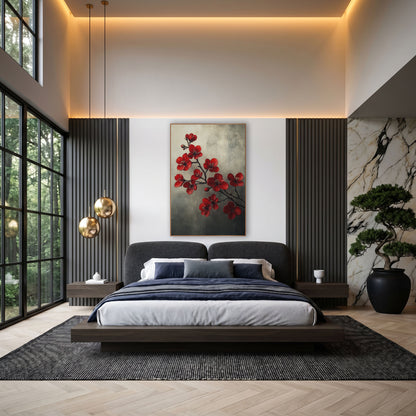 Smoky Quince Spray Cream Gray Vintage wall art in an elegant modern room – red quince blossoms with pale stamens