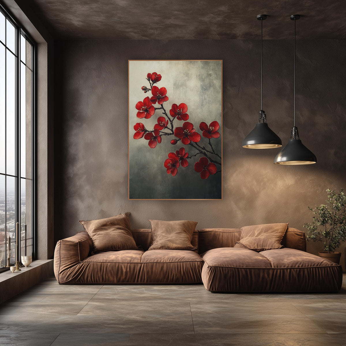 Smoky Quince Spray Cream Gray Vintage wall art in an elegant modern room – red quince blossoms with pale stamens