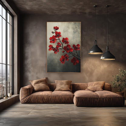 Smoky Quince Spray Cream Gray Vintage wall art in an elegant modern room – red quince blossoms with pale stamens