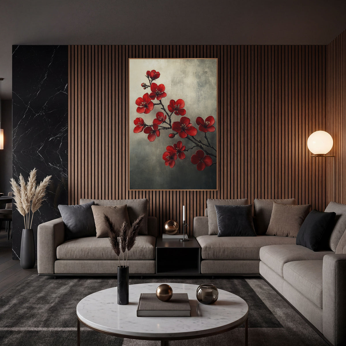Smoky Quince Spray Cream Gray Vintage wall art in an elegant modern room – red quince blossoms with pale stamens