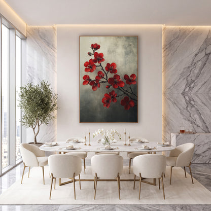 Smoky Quince Spray Cream Gray Vintage wall art in an elegant modern room – red quince blossoms with pale stamens
