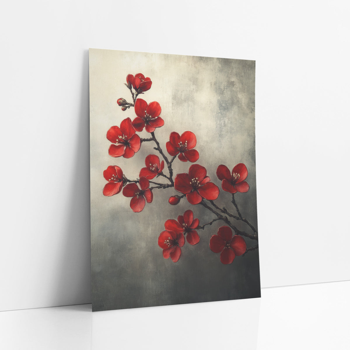 Smoky Quince Spray Cream Gray Vintage art print leaning against a white wall – red quince blossoms with pale stamens