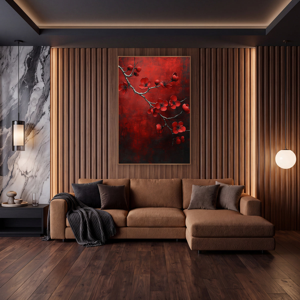 Red Blossom Branch Moody Luxe wall art in an elegant modern room – red quince blossoms on a bare gray branch