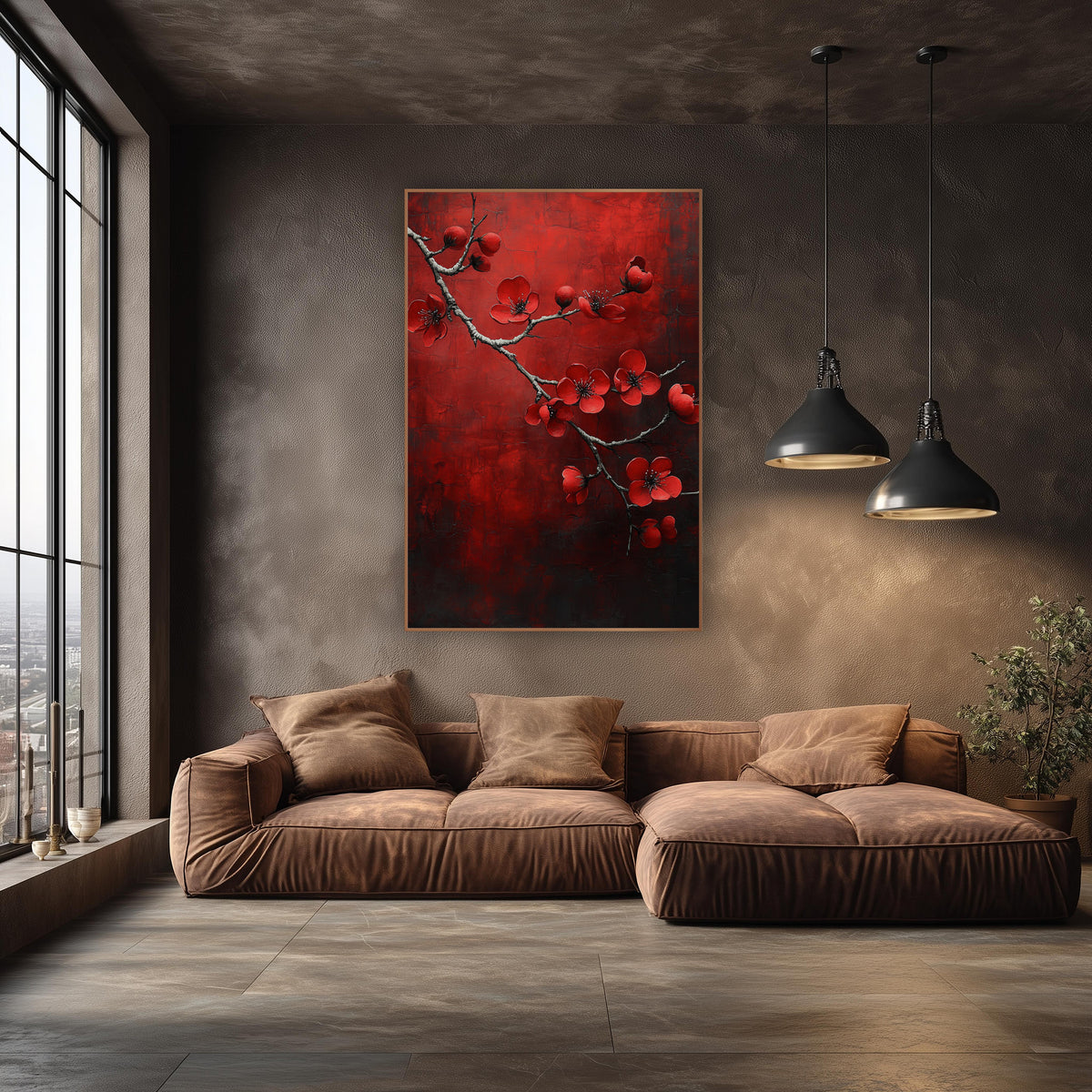 Red Blossom Branch Moody Luxe wall art in an elegant modern room – red quince blossoms on a bare gray branch