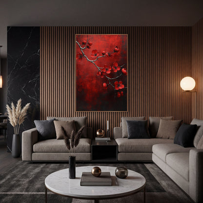 Red Blossom Branch Moody Luxe wall art in an elegant modern room – red quince blossoms on a bare gray branch