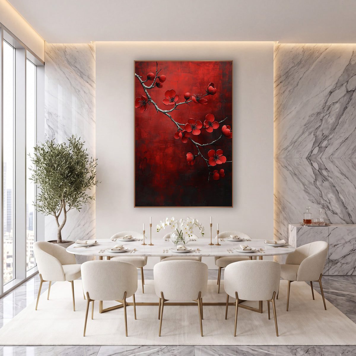 Red Blossom Branch Moody Luxe wall art in an elegant modern room – red quince blossoms on a bare gray branch