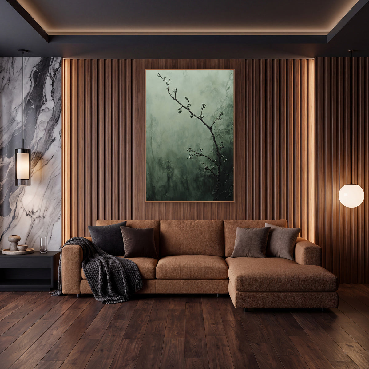 Budding Myrtle Branch Misty Botanical wall art in an elegant modern room – thin dark branch with small pale buds
