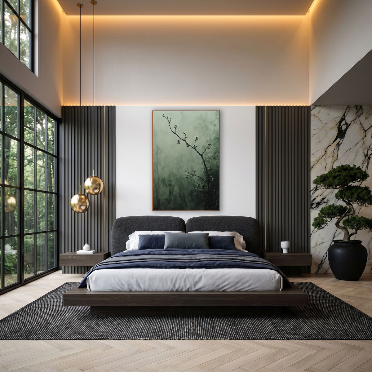 Budding Myrtle Branch Misty Botanical wall art in an elegant modern room – thin dark branch with small pale buds