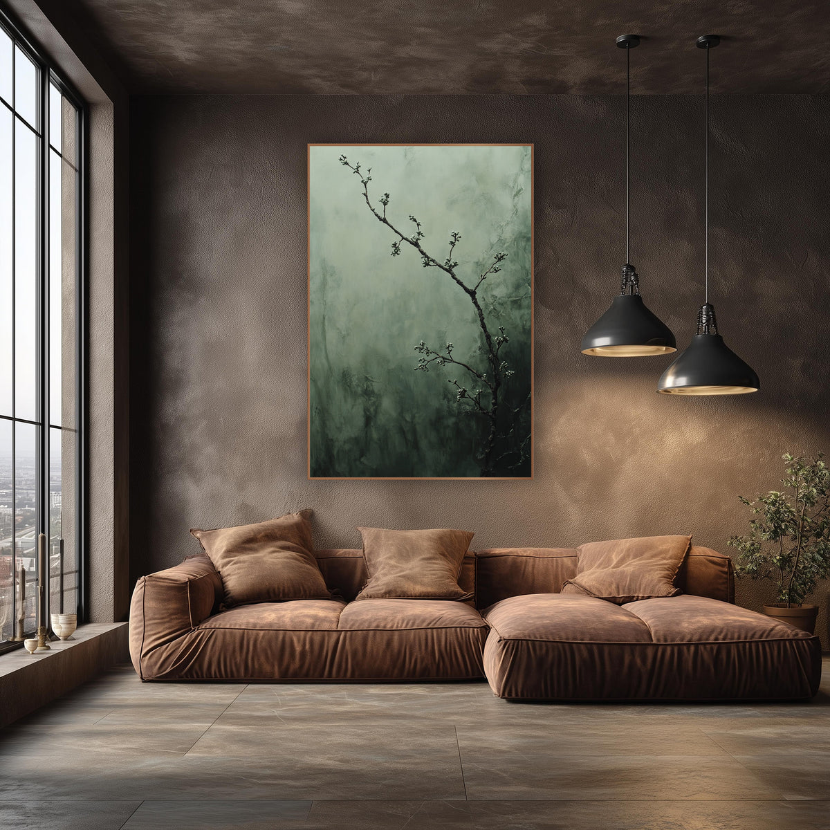 Budding Myrtle Branch Misty Botanical wall art in an elegant modern room – thin dark branch with small pale buds