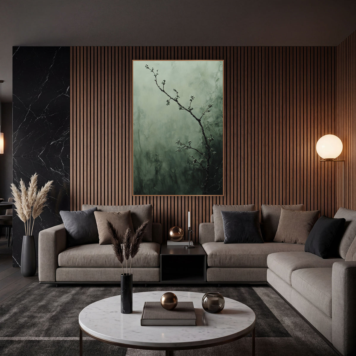 Budding Myrtle Branch Misty Botanical wall art in an elegant modern room – thin dark branch with small pale buds