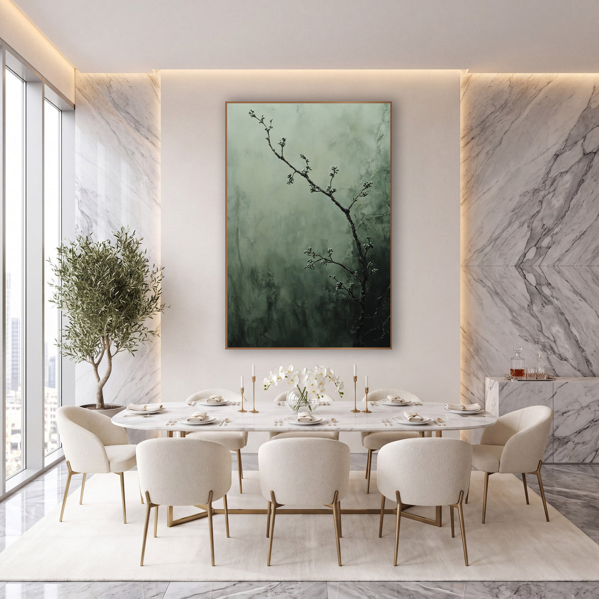 Budding Myrtle Branch Misty Botanical wall art in an elegant modern room – thin dark branch with small pale buds