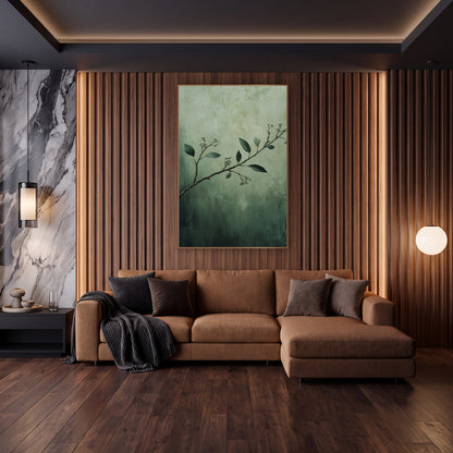Sage Myrtle Branch Botanical Luxe wall art in an elegant modern room – slender myrtle branch with dark green leaves