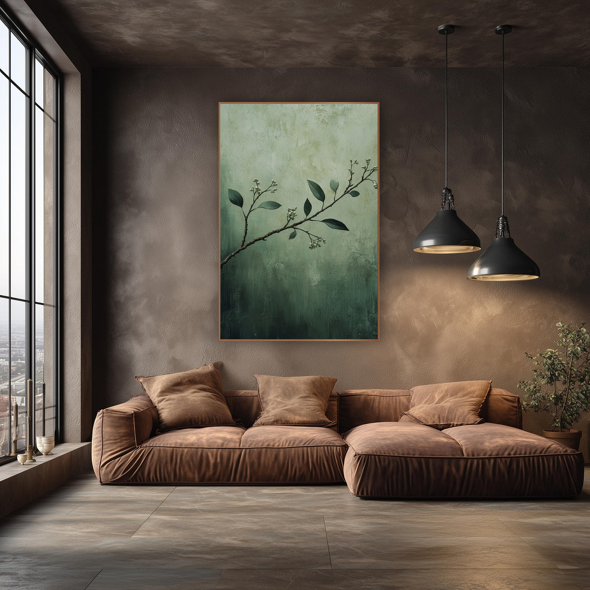 Sage Myrtle Branch Botanical Luxe wall art in an elegant modern room – slender myrtle branch with dark green leaves