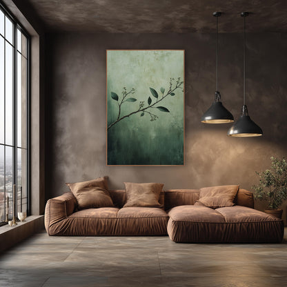 Sage Myrtle Branch Botanical Luxe wall art in an elegant modern room – slender myrtle branch with dark green leaves