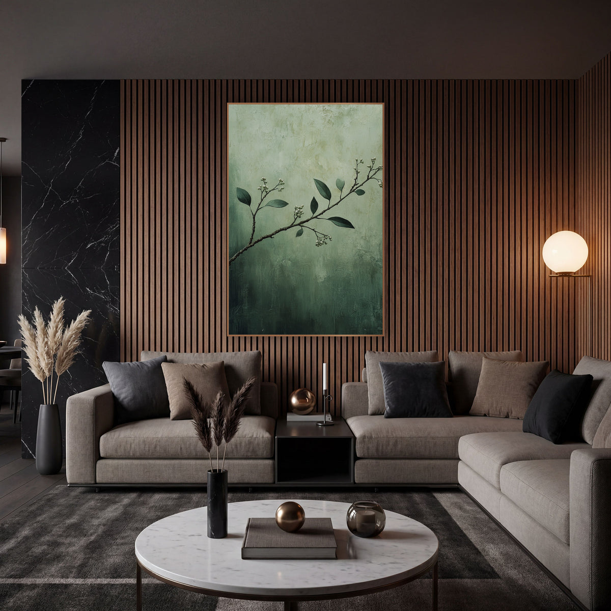 Sage Myrtle Branch Botanical Luxe wall art in an elegant modern room – slender myrtle branch with dark green leaves