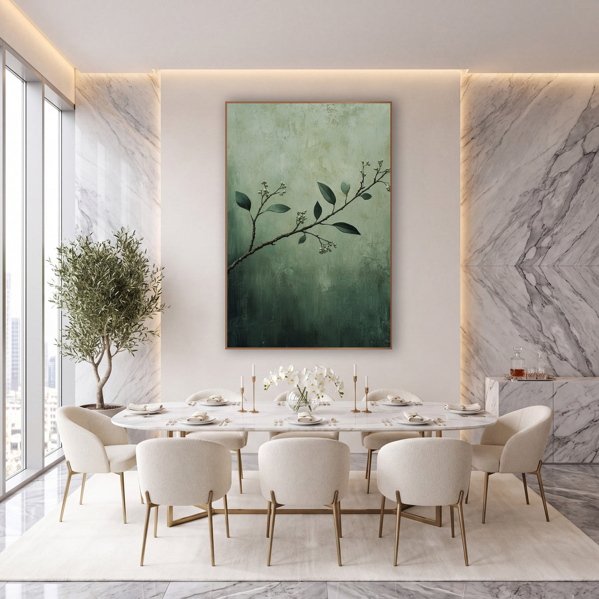 Sage Myrtle Branch Botanical Luxe wall art in an elegant modern room – slender myrtle branch with dark green leaves