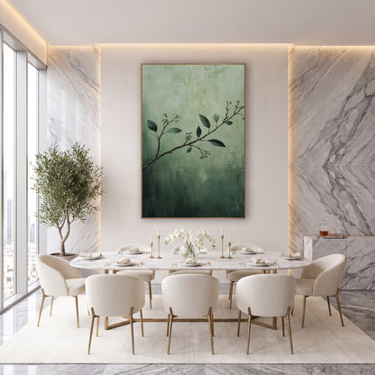 Sage Myrtle Branch Botanical Luxe wall art in an elegant modern room – slender myrtle branch with dark green leaves