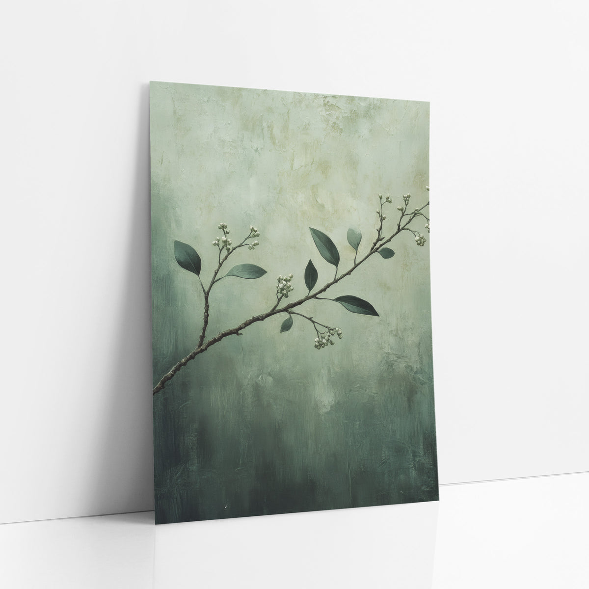 Sage Myrtle Branch Botanical Luxe art print leaning against a white wall – slender myrtle branch with dark green leaves