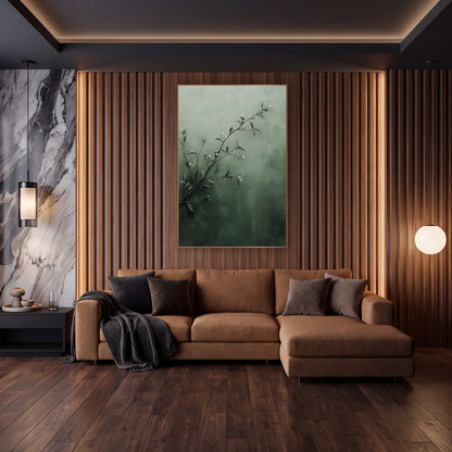 Sage Green Blossom Branch Botanical wall art in an elegant modern room – slender branch with small white blossoms