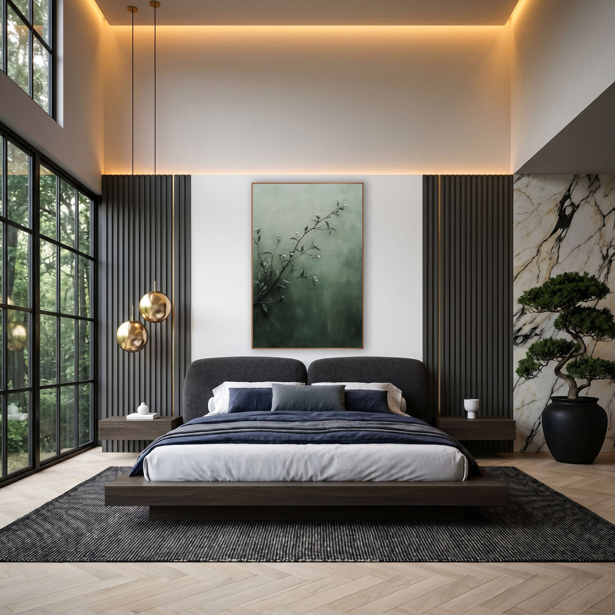 Sage Green Blossom Branch Botanical wall art in an elegant modern room – slender branch with small white blossoms