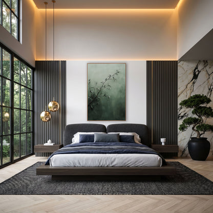 Sage Green Blossom Branch Botanical wall art in an elegant modern room – slender branch with small white blossoms