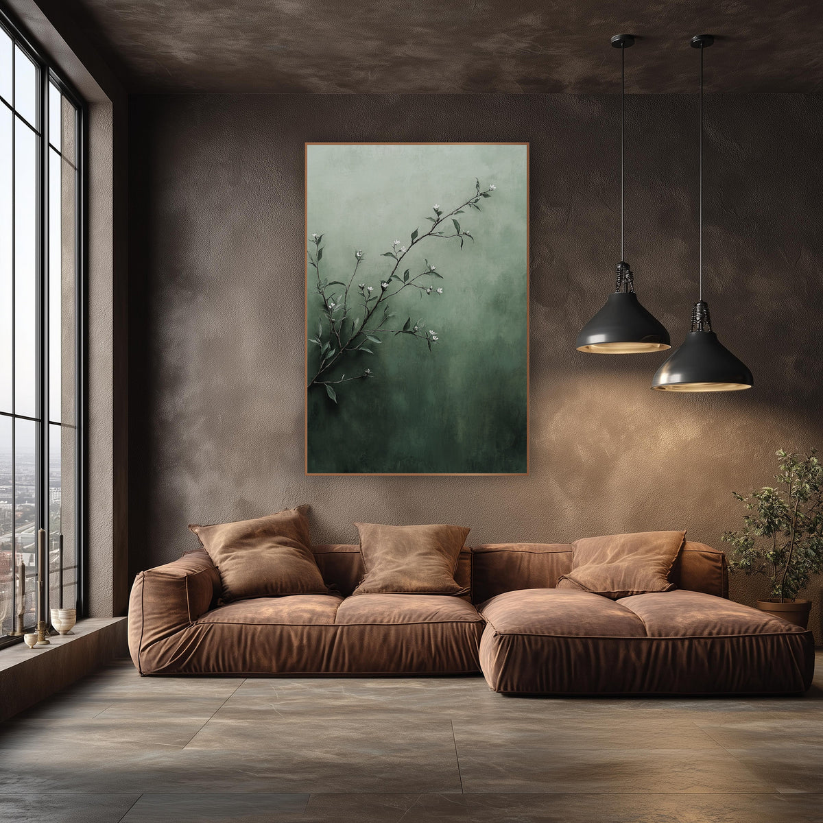 Sage Green Blossom Branch Botanical wall art in an elegant modern room – slender branch with small white blossoms