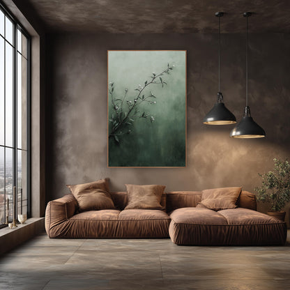 Sage Green Blossom Branch Botanical wall art in an elegant modern room – slender branch with small white blossoms