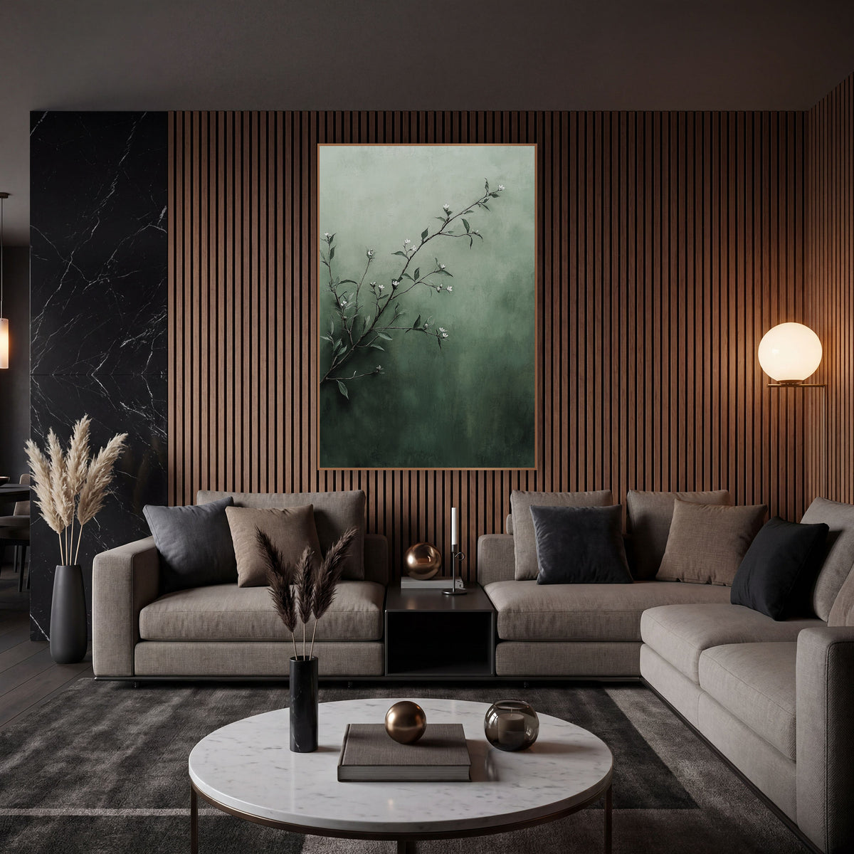 Sage Green Blossom Branch Botanical wall art in an elegant modern room – slender branch with small white blossoms