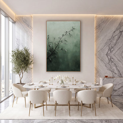 Sage Green Blossom Branch Botanical wall art in an elegant modern room – slender branch with small white blossoms